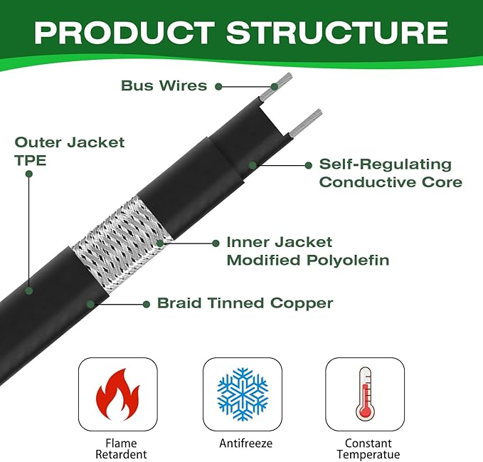3FT（3~200FT） Heat Tape for Water Pipes, -40°F Deicing Heating Cable, Freeze Protected Water Pipe Heating Cable,120V 5W/ft