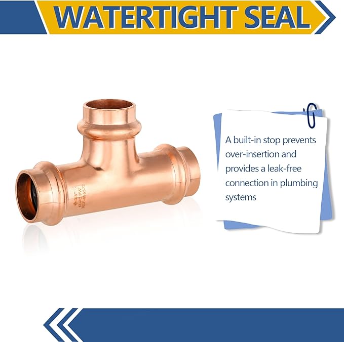5-Pack GUOFIS Copper Press Tee,3/4" x 3/4"x 3/4" Tee Fittings for Copper Tube Connection with Stop(PRESS016-5PCS)