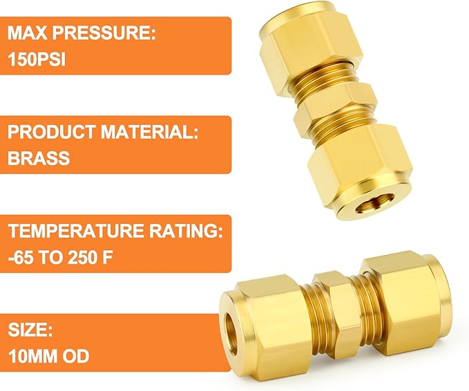 GASHER 10PCS Brass Compression Tube Pipe Fitting Connector, 10mm Tube OD Connector