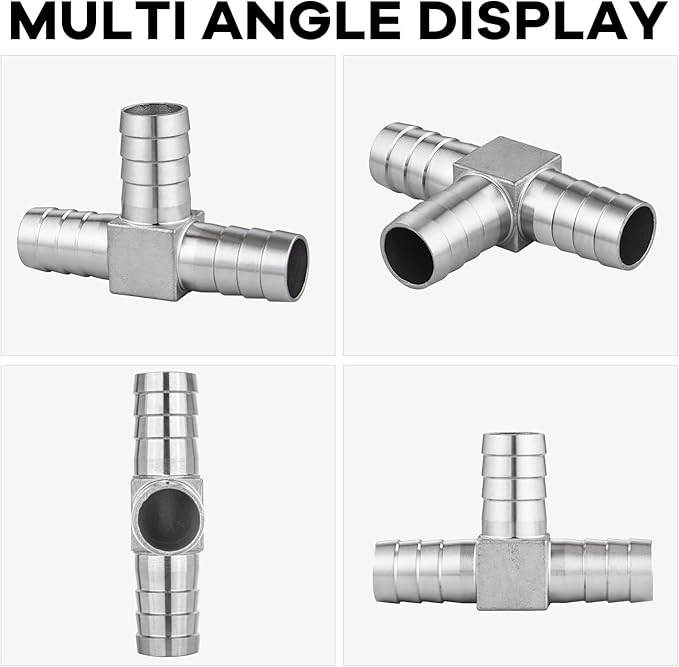 304 Stainless Steel 1-1/4" Barb x 1-1/4" Tee Joint Fitting Union for Water, Fuel, Air - 2PCS
