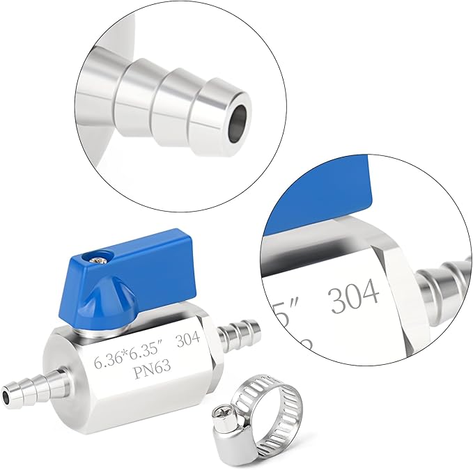 TAISHER 2PCS 304 Stainless Steel 1/4" Mini Ball Valve Shut Off Switch, 1/4” Hose Barb with 4PCS Hose Clamps