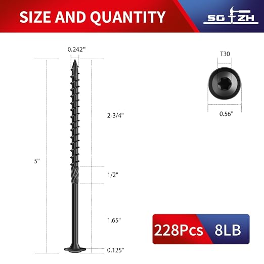 #14 x 5 Inch Lag Screws (228Pcs) 8lb. Structural Wood Screw, Black, Carbon Steel, Washer Head, Rust Resistant epoxy Coated, T30 Star Bit