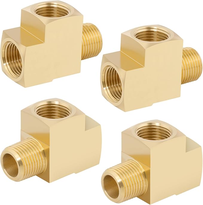 KOOTANS 4 Pack Brass Tee Fittings 3/8" NPT Female to 3/8" NPT Female to 3/8" NPT Male Barstock Street Tee Fittings 3 Way Brass Pipe Fitting