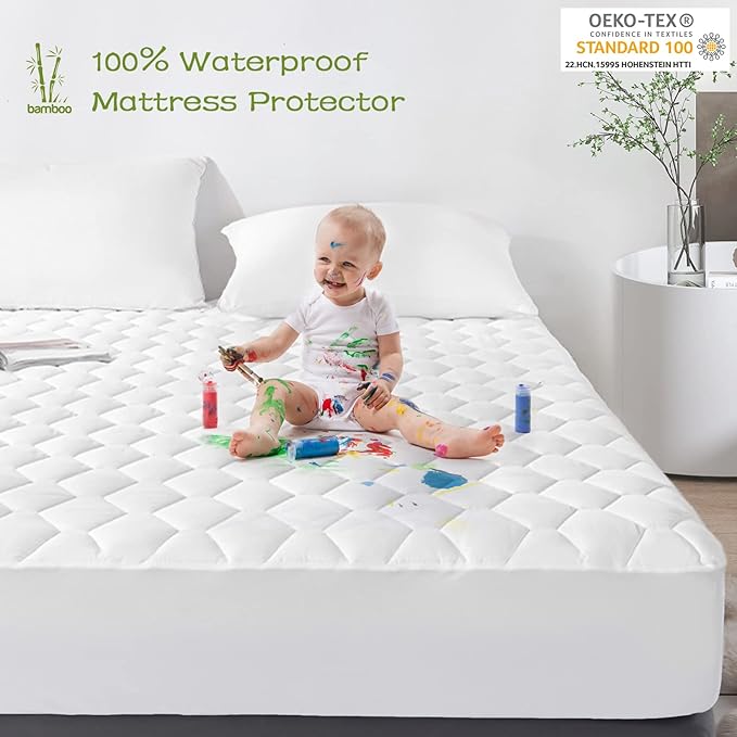 GRT California King Mattress Protector Waterproof, Rayon from Bamboo, Cooling Quilted Fitted Mattress Pad, Noiseless Waterproof Mattress Cover, fits up to 21" Deep, Dust Proof White