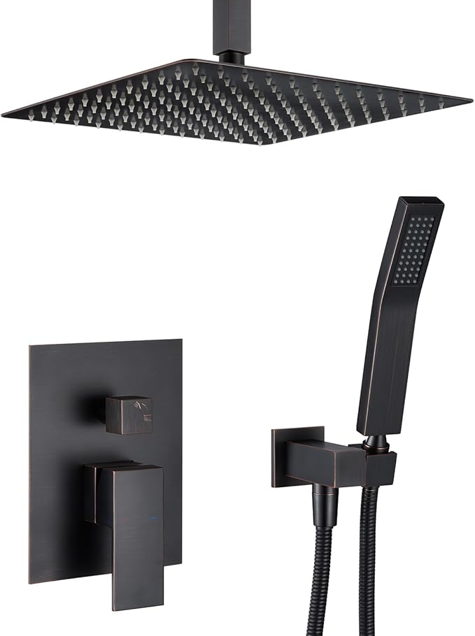 Shower System 12 Inches Rain Shower Combo Set Oil Rubbed Bronze Ceiling Mount Shower Faucet Bathroom Faucets with Rainfall Shower Head and Hand Shower