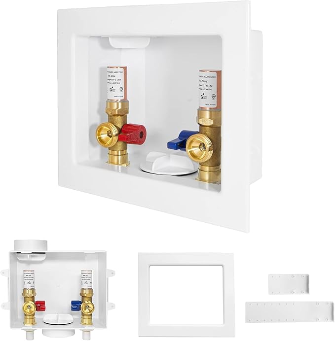 2-PACK GUOFIS Washing Machine Outlet Box with Copper Water Hammer Arrestor, PEX Laundry Washer Box with Central and Side Drain Design(1/2"CPVC Connection Inlet X 3/4"MHT Outlet)(WM014-2Pack)