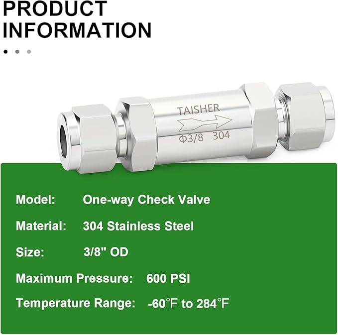 TAISHER 1PCS 304 Stainless Steel 3/8" Tube OD Check Valve,Backflow Prevention,One Way Non-Return Check Valves