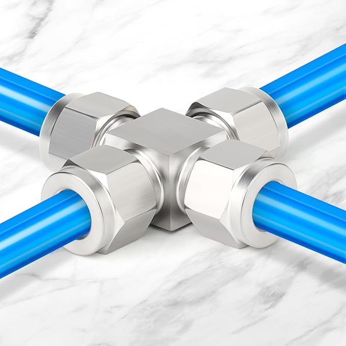TAISHER 1PCS 304 Stainless Steel 4 Way Compression Tube Pipe Fitting Connector, 3/8" x 3/8" x 3/8" x 3/8" Tube OD Adapter