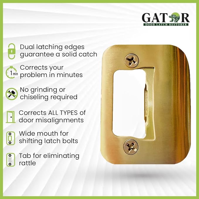 Gator Door Strike Plate with Screws, – 2-1/4" by 1-3/4" Universal Latch Restorer Alloy Steel Lock Hardware for Interior and Exterior Doors, Replacement Door Latch Plate | Bright Brass 4-Pack