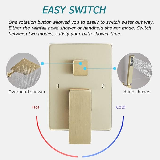 Brushed Gold Shower System 12 Inch Bathroom Luxury Rain Mixer Shower Combo Set Wall Mounted Rainfall Shower Head and Handheld System Shower Faucet Set Rough-in Valve Body and Trim Kit