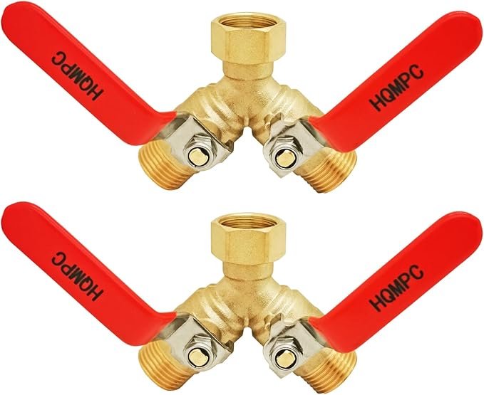 HQMPC Garden Hose Y Valve Splitter Brass Hose Splitter With Stainless Steel Long Handle Brass Garden Hose Adapter 2 Way Y Valve 3/4" GHT Thread 2pcs