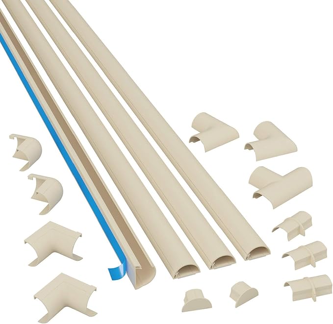D-Line 13.12ft Cord Hider Kit, Patented Cable Cover, Hide Wires on Wall, Channel for TV Mount Cords, Raceway Wire Hiders, Paintable, Adhesive, Half Round, 4X 0.78in W x 0.39in H x 39in Lengths, Beige