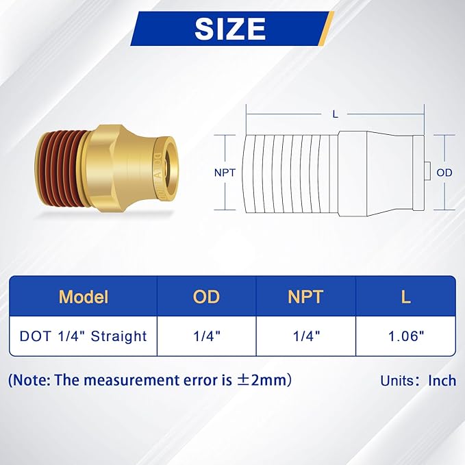 1/4" Brass Push to Connect DOT Air Brake Fittings, 3PCS Air Line Quick Connect Fittings 1/4" Tube OD x 1/4" NPT Connector Tube to Male Pipe for Truck Trailers Air Brake System
