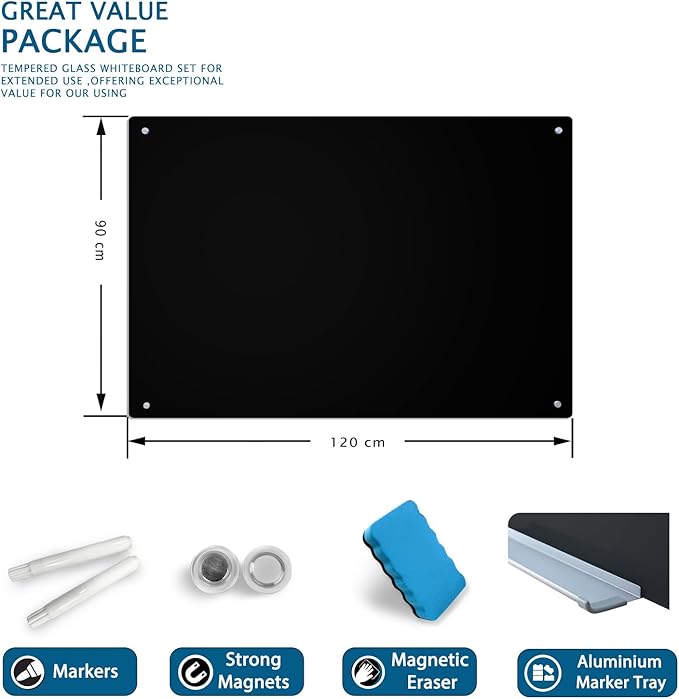 Magnetic Glass Writeboard 48"x36" Premium Tempered Dry Erase Boards Wall Mounted Frameless Whiteboard Bulletin Message Boards (Black)