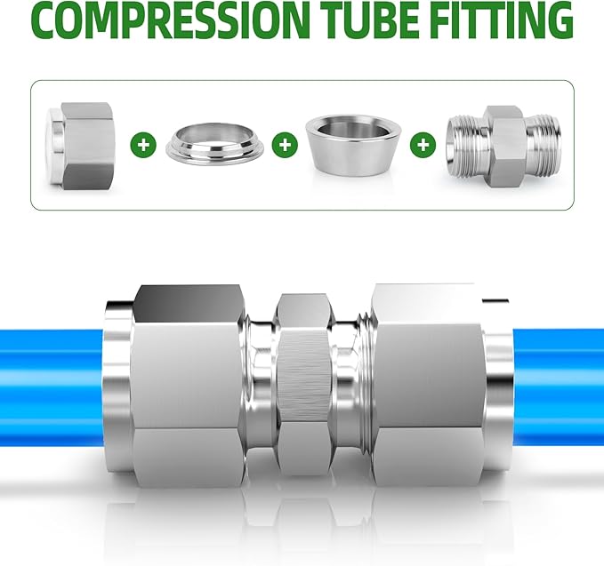 TAISHER 5PCS 304 Stainless Steel Compression Tube Pipe Fitting Connector, 10MM Tube OD x 10MM Tube OD Straight Adapter