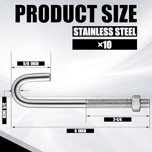 10 Pcs Anchors Bolts 3/8-16 x 5 Inches Concrete J Bolts Cement Post Anchor Bolts Fastener with Nut Washer Bracket Outdoor Hardware for Concrete Pad Pouring Wood Projects (Stainless Steel)