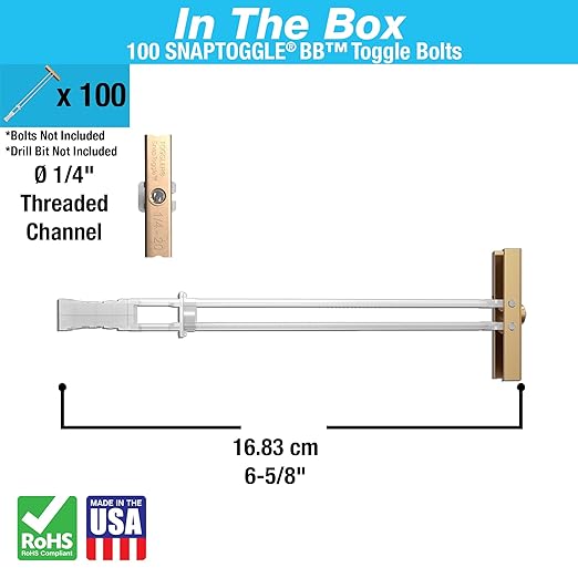 TOGGLER SNAPTOGGLE BB Toggle Anchor, Zinc-Plated Steel Channel, Made in US, 3/8" to 3-5/8" Grip Range, for 1/4"-20 UNC Fastener Size (Pack of 100)
