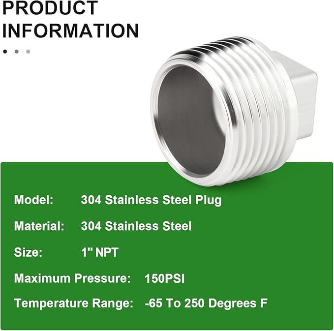TAISHER 2PCS 304 Stainless Steel Outer Square Thread Socket Pipe Plug Fitting 1" NPT Male