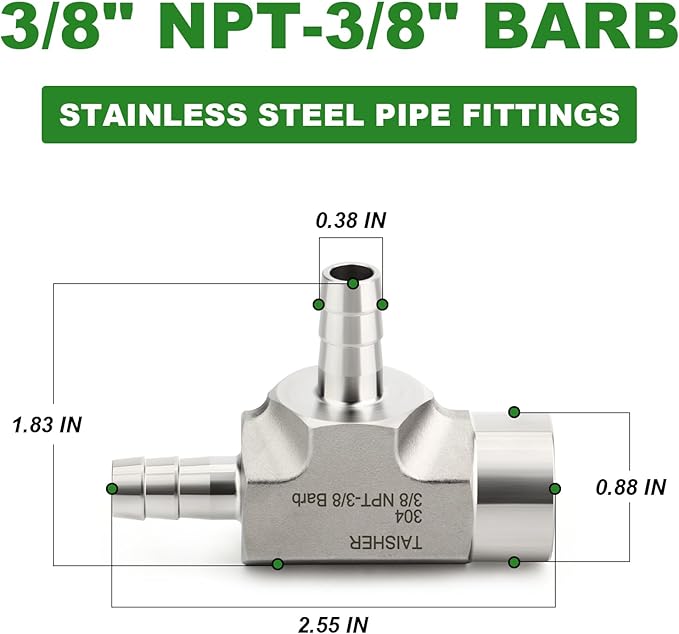 TAISHER 1PCS Forging of 304 Stainless Steel 3 Way Tee Hose Barb Fitting, 3/8" Hose Barb x 3/8" Hose Barb x 3/8" NPT Female for Fuel/Air/Lquid/Gas with 2PCS Hose Clamp