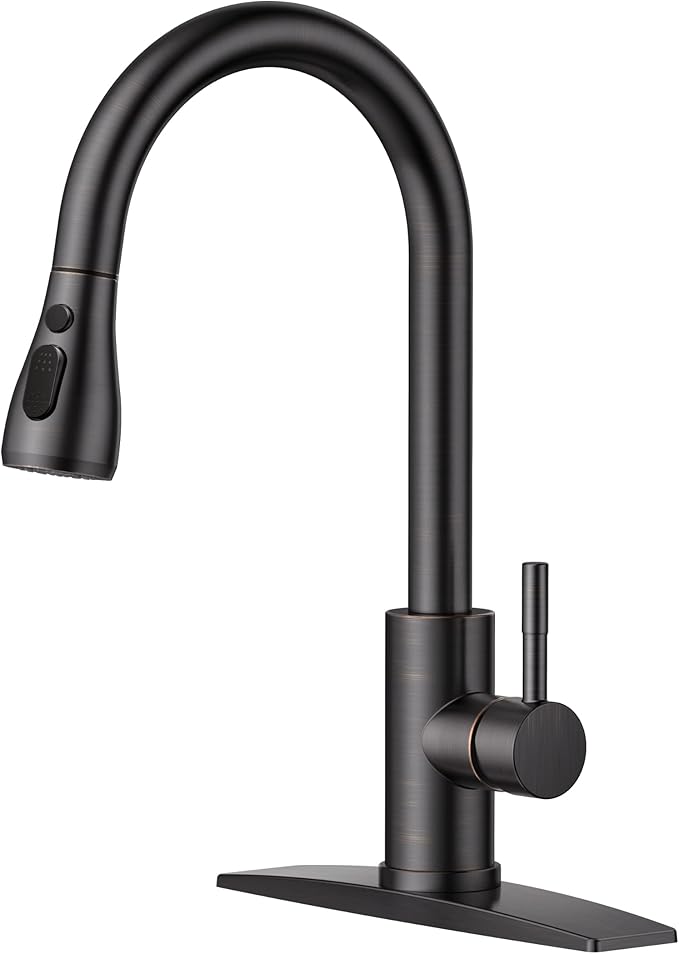 FORIOUS Kitchen Faucets with Pull Down Sprayer, Oil Rubber Brown, High Arc Single Handle Classic Stainless Steel Sink Faucet 1 or 3 Hole, Suitable for Farmhouse Camper Laundry Rv Bar