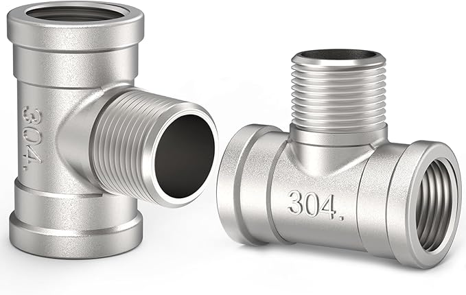 ChillWaves 304 Stainless Steel Pipe Fitting, Male Branch Tee 3/8" NPT Female x 3/8" NPT Male x 3/8" NPT Female Thread Adapter(2-PACK)