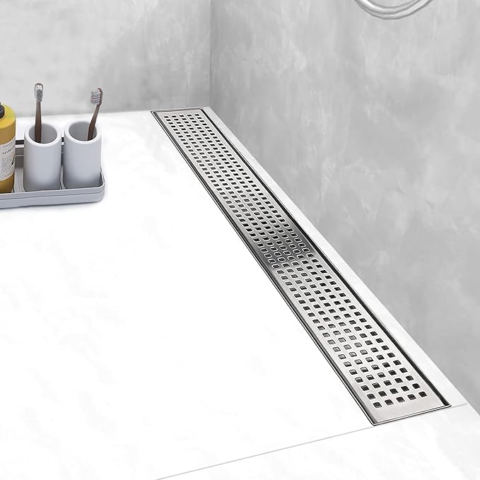 Linear Shower Drain, Shower Drain 32 inch with Removable Grate Cover, Professional AISI 304 Stainless Steel Shower Floor Drain, Linear Drain with Hair Catcher and Leveling Feet