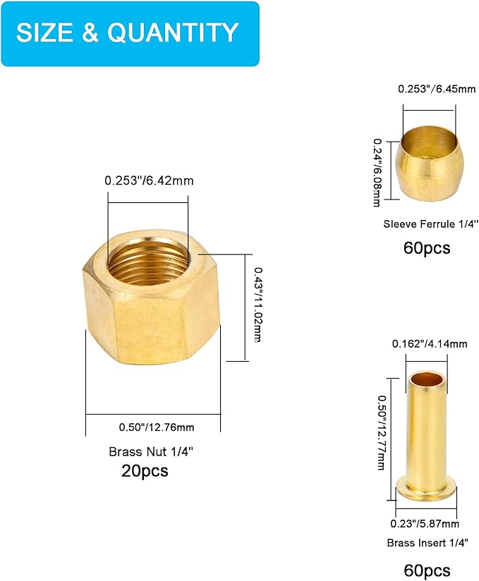 140PCS 1/4 Inch Compression Fittings Assortment kit- 60 Brass Compression Sleeve Ferrule, 60 Brass Insert & 20 Nuts - Used to Connect Lines for air,Water,Fuel,Oil and inert Gases
