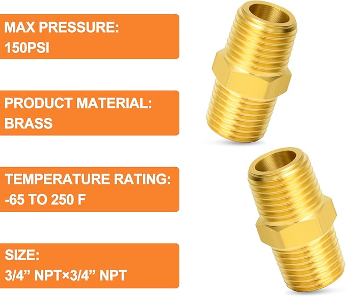 GASHER 10PCS Brass Hex Nipple, 3/4-Inch Male Pipe x 3/4-Inch Male Pipe Fitting