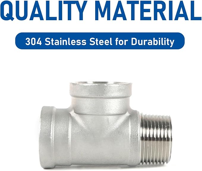 Kodilin Pipe Fittings 304 Stainless Steel Tee Pipe Fittings, Male Run Tee 1/2" NPT Female x 1/2" NPT Female x 1/2" NPT Male Thread Adapter - 4PCS