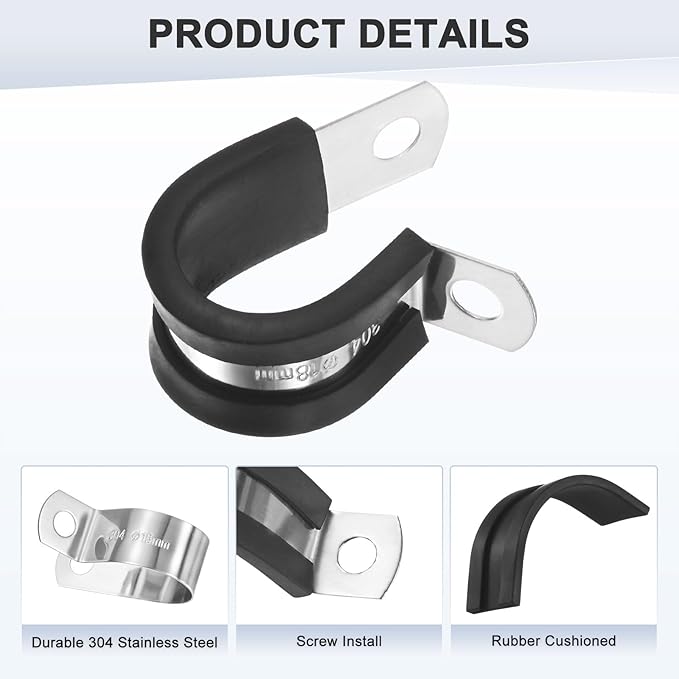 20-Pack Cable Clamps, 23/32 Inch/ 18 mm 304 Stainless Steel Rubber Cushioned Insulated Cable Clamp R Shape Metal Holder for Tube/Wire/Pipe/Loop Installation