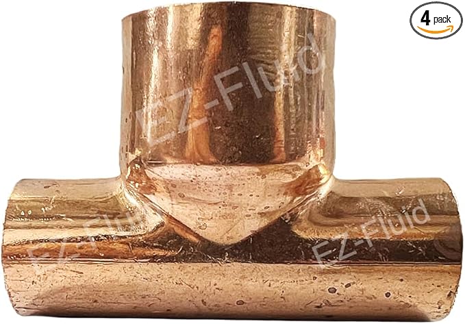 (4-PK) EZ-FLUID 3/4" x 3/4" x 1" Copper Reducing Tee, C X C Bullhead Copper Reducer Tee Fittings,Sweat Solder Connection Residential,Commercial Plumbing Pipe