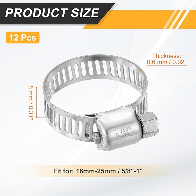 HARFINGTON 12 Pcs Hose Clamp 5/8"-1" (16-25mm) 304 Stainless Steel Adjustable Worm Gear Hose Clamp Assortment Kit for Fuel Line Pipe Plumbing Automotive Tube Mechanical