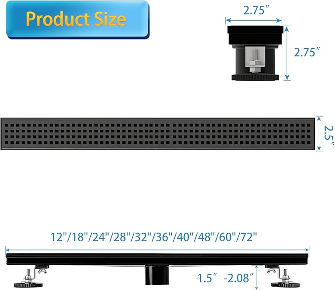 Linear Shower Drain, 72 inch Black Drain with Removable Grate Cover, Brushed 304 Stainless Steel Shower Floor Drain, Linear Drain with Hair Strainer and Adjustable Feet