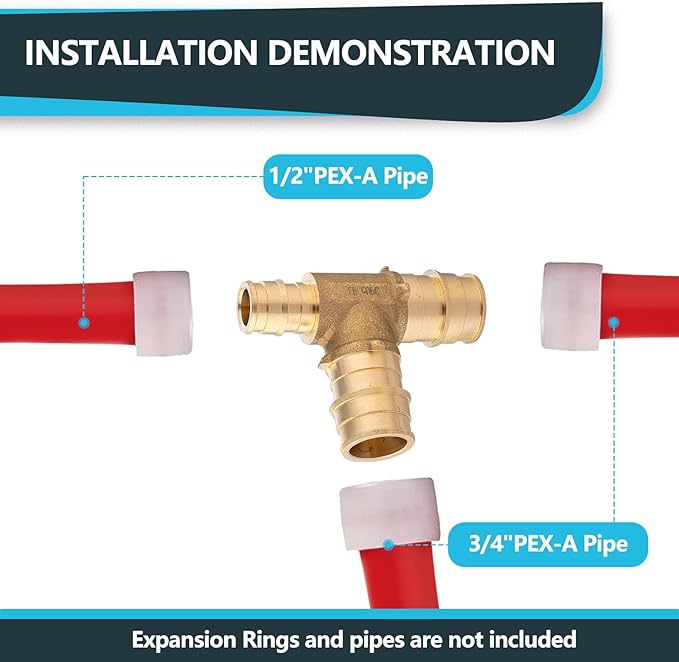 (100-Pack) Seelink 3/4" x 1/2" x 3/4" PEX-A Tee Expansion Fittings, for PEX Tubing Pipe Hose Fittings, ASTM F1960(PEX1960046-100Pack)