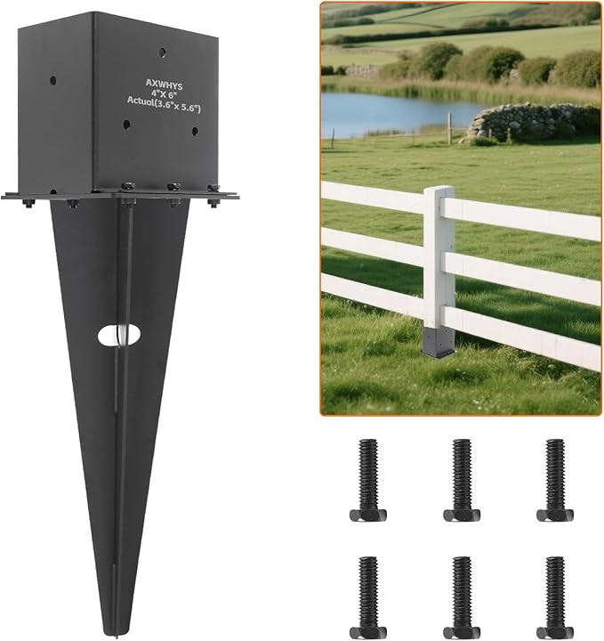 2 Set 4"x 6" Fence Post Anchor Ground Spike, 22" Heavy Duty Metal Fence Stake Post Bases (Inner Size 3.6"x5.6") with Black Powder Coated for Fence, Deck, Railing, Mailbox and Porch
