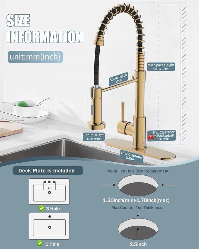 Kitchen Faucet, Brushed Gold Kitchen Faucet with Soap Dispenser and Deck Plate, Faucet for Camper Farmhouse RV Kitchen Sink, Single Handle Stainless Steel Kitchen Sink Faucets with Pull Down Sprayer