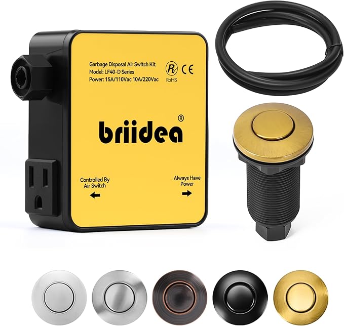 Garbage Disposal Air Switch Kit Dual Outlet Sink Top Waste Disposal Long Stainless Steel Golden Brushed On/Off Air Button Food and Waste Disposals Part by Briidea, UL Listed