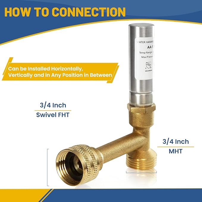 Water Hammer Arrestor,3/4 Inch Swivel FHT x 3/4 Inch MHT Tee Copper Water Arrestor for Washing Machine Connection(4PACK, Tee Stainless Steel Arrestor)(HAMMER016-4Pack)