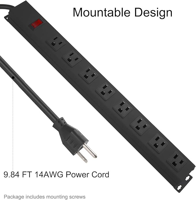 2Pack Metal 8 Outlet Mountable Power Strip, Wall Mount Outlet Heavy Duty, Wide Spaced Commercial Shop Power Strip with Switch, 10 FT SJT 14AWG Power Cord.