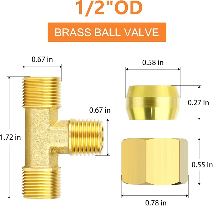 GASHER 2PCS Brass Compression Tube Pipe Fitting Connector, Tee，1/2" x 1/2" x 1/2" Tube OD Connector