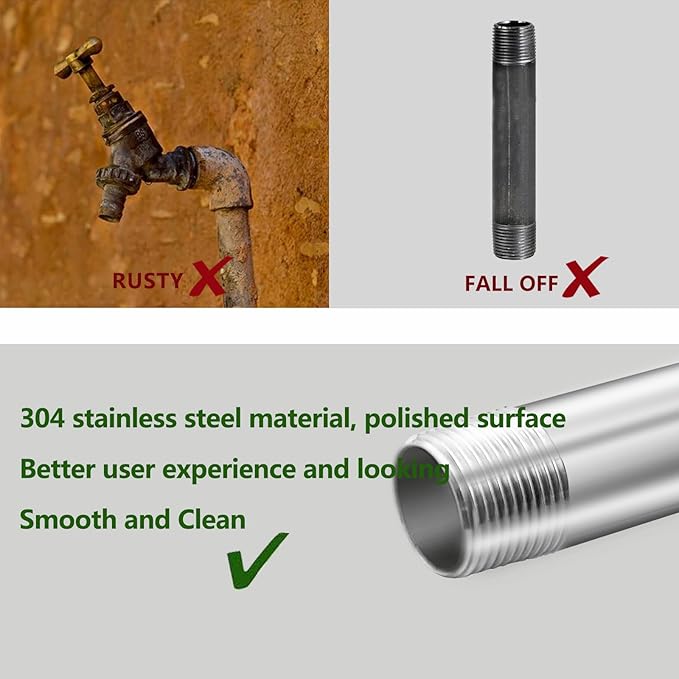GeilSpace 3/4" x 42" Stainless Steel Pipe, 304 Pipe Nipple Fits Standard 3/4 Inch Threaded Pipes and Fittings, DIY Industrial Metal tube (2 PCS)