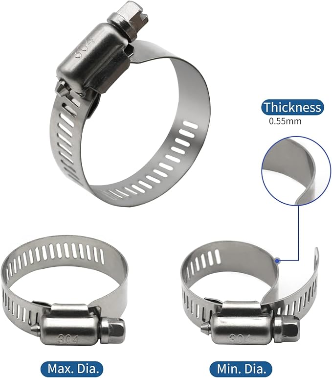 25 Pack Stainless Steel Hose Clamps, 3/8 inch to 5/8 inch Worm Gear Metal Hose Clamps for Pipe, Dryer Repair, Tubing and Fuel Line