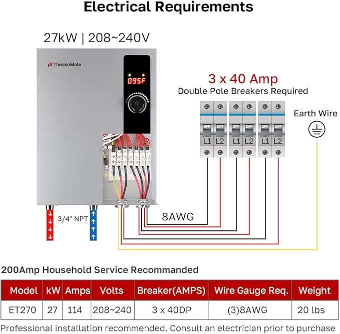Tankless Water Heater Electric 27kW at 240 Volt, ThermoMate On Demand Instant Hot Water Heater Up to 6.4GMP, Self-Modulating Energy Saving for Residential Indoor Shower, Draw 114Amp