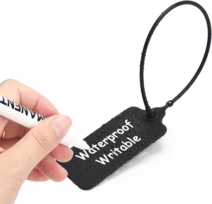 50 Black Blank Plastic Tags for Labeling Waterproof Hanging Labels Writable Tags Seal Plastic Marking Label for Clothes Bags Keys Inventory with One Marker Pen