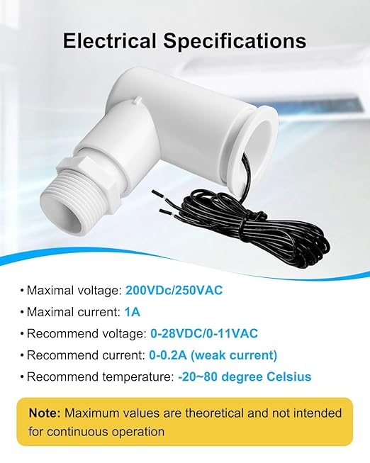 SS2 Float Switch L Shape Compatible with Safe-T-Switch, AC Float Switch for HVAC Drain Pan Condensate Outlet, AC Water Level Switch with 3/4 Inch Adapter 6Ft Wire and Tape, 4 Pack