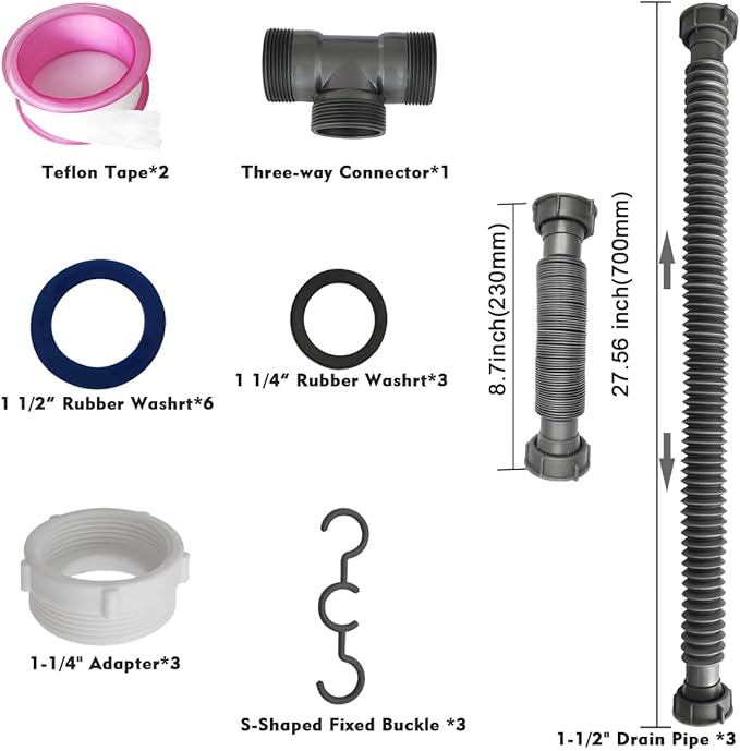 Flexible Expandable Double P-Trap Kit for 1 1/2" or 1 1/4" Double Bowl Sink Drain, Tube Pipes Kit Fit for Kitchen, Bathroom, Complete with Sealing Ring, Tape, and Tubing