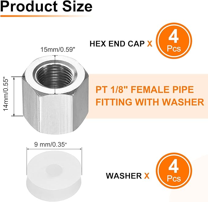 uxcell 2pcs Hex End Cap 304 Stainless Steel Nut with Washer, PT 1/8" Female Thread Pipe Fitting, Gas Line Water Line Stop Valve Cap Tubing Ends for Plumbing Fittings, Silver Tone