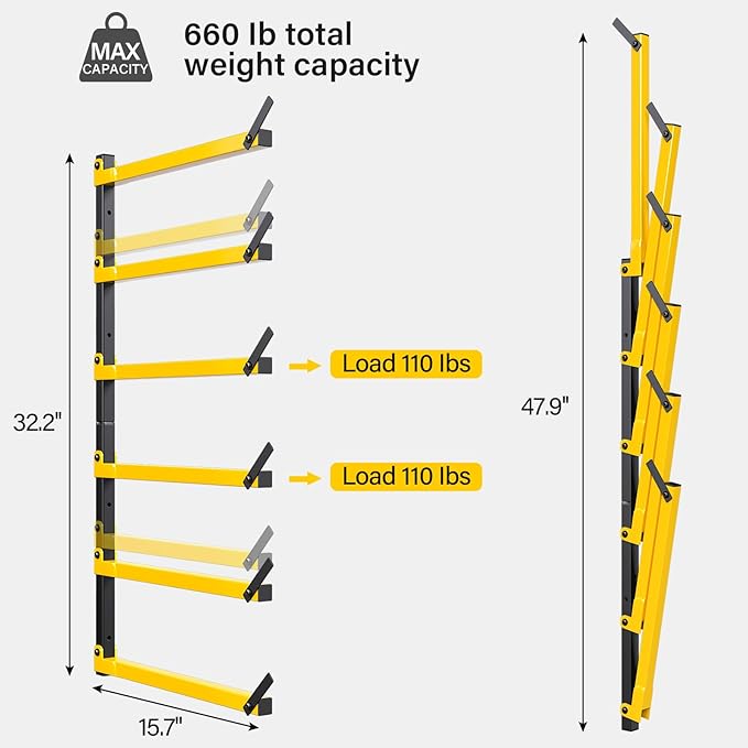 GREENER Lumber Storage Rack Folding Wood Storage Racks Wall-Mounted Metal Racks for Storage with 6-Level Heavy Duty Garage Wood Organizer for Woodworking Shop Indoor & Outdoor Use, 2 pairs,Yellow