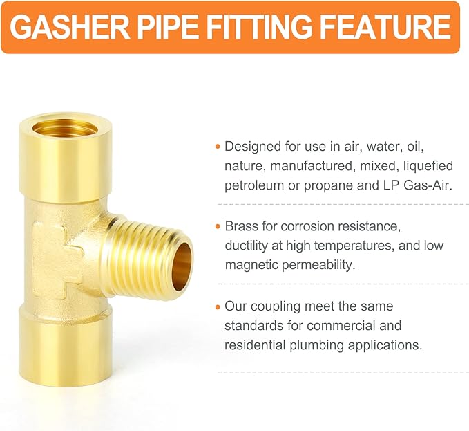 GASHER 5PCS Brass 3 Way Pipe Fitting Male Branch Tee T Adapter 1/4" NPT Female x 1/4" NPT Male x 1/4" NPT Female