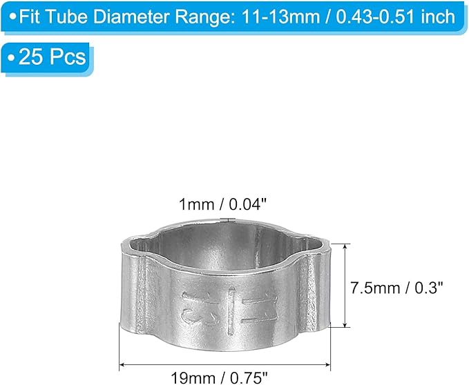 PATIKIL 25 Pack 11-13mm Double Ear Hose Clamp, 304 Stainless Steel O Clip Crimp Rings for Fuel Petrol Pipe Tube Fitting Connections, Silver Tone